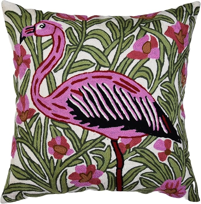 William Morris Flamingo Floral Pillow Cover - Hand Embroidered Modern Flower Pillowcase, Outdoor Cushion, Suzani Farmhouse Chair Throw, Couch Cushions - Wool, Size 18x18
