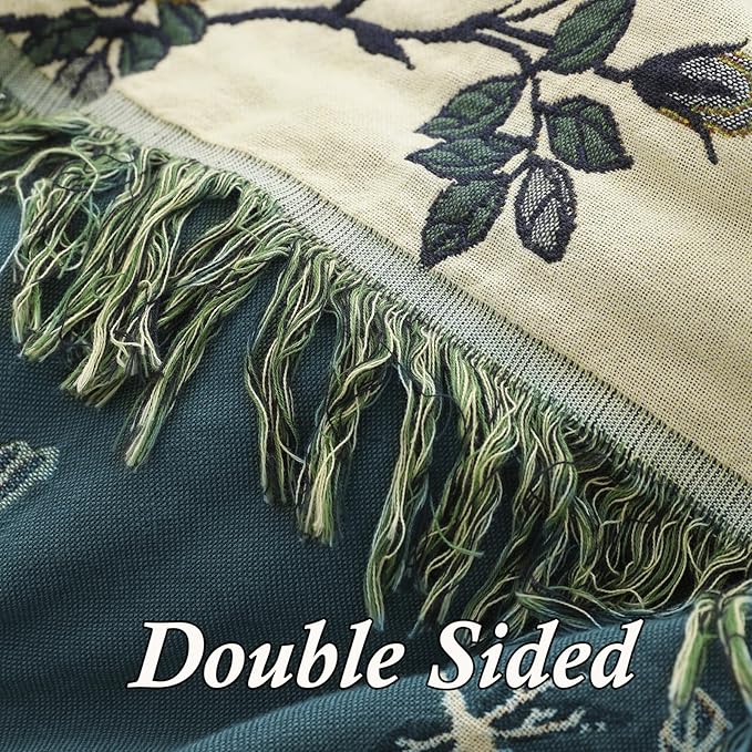 Snycler Boho Throw Blanket for Bed - 100% Cotton Ultra Soft Rustic Quilt - Blue Green Floral Printed Farmhouse Decor Bed Blankets, 60"×80" All Season Rustic Throw for Sofa Couch Chair