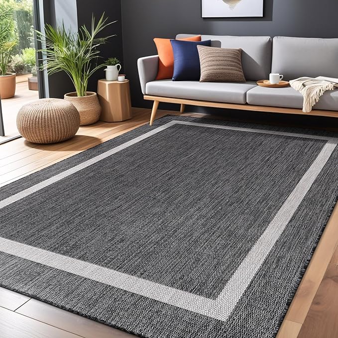 Bordered Outdoor Rug 5x7 Washable Outside Carpet for Indoor Patio Porch Waterproof Easy Cleaning Non Shedding Area Rugs Gray 5 x 7