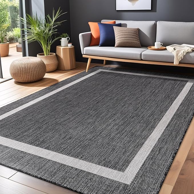 Bordered Outdoor Rug 6x9 Washable Outside Carpet for Indoor Patio Porch Waterproof Easy Cleaning Non Shedding Area Rugs Gray 6 x 9