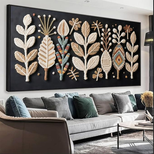 Large Boho Black Wall Art For Living Room Chic Home Wall Art Modern Multicolor Leaves Feather Canvas Wall Art Decor Picture For Bedroom Apartment Kitchen Home Wall Decor 29" X 58" With Framed
