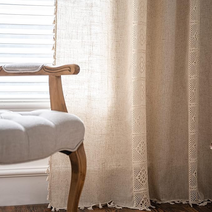 Sutuo Home Boho Linen Curtains for Kitchen Bedroom, Bohemian Semi Sheer Crochet Hollow Lace Patchwork with Textured Fabric Vintage Chic Handmade Tassels Rod Pocket Window Drapes, 59"W x 63"L, 1 Panel