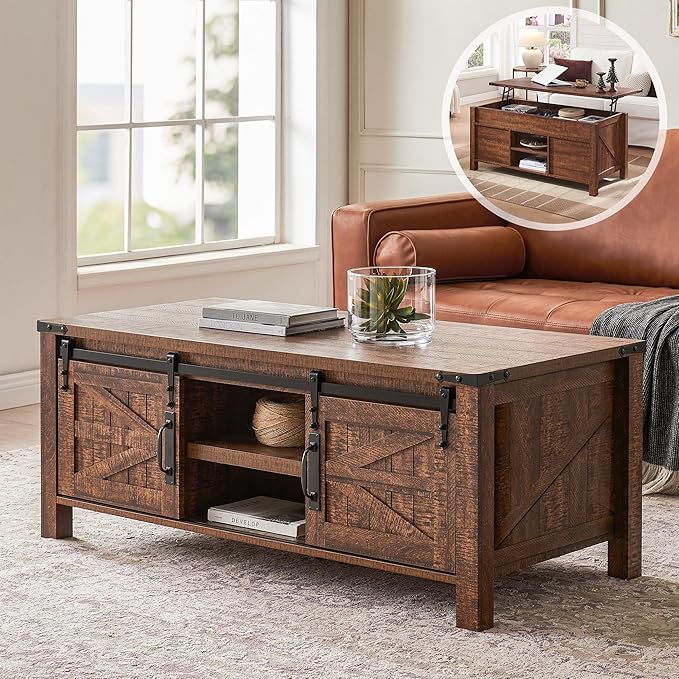 OKD 48" Farmhouse Lift Top Coffee Table with Sliding Barn Door,Rustic Center Table with Hidden Storage Compartment,Lifting Tabletop and Adjustable Shelf for Living Room,Office,Reclaimed Barnwood
