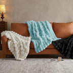 JELLYMONI Faux Fur Throw Blanket, Black Fuzzy Cozy Plush Bubble Bed Blanket, Thick and Warm King (108" x 90")