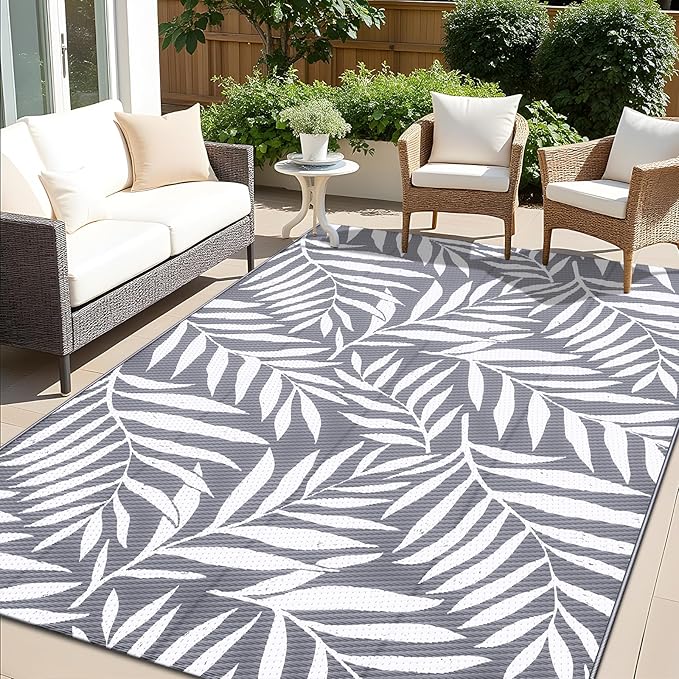 OLANLY Waterproof Outdoor Rug 5x8 ft, Reversible Outdoor Plastic Straw Rug with Leaf Pattern, RV Mat, Indoor Outdoor Carpet for Patio, Camping, Balcony, Deck, Backyard, Grey & White