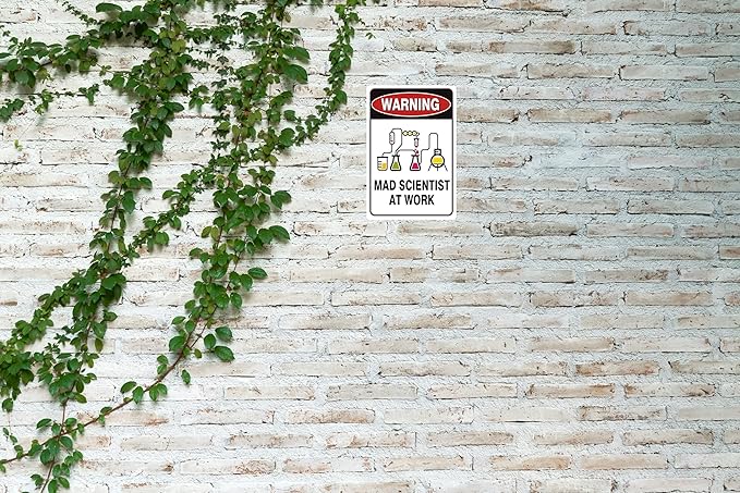 Vintage Tin Sign Retro Metal Funny Warning Mad Scientist At Work Signs for Home Decor Stylish Wall Art Plaques Gift for Bathroom Kitchen and Gothic Wall Decor in Every Room 12x8 in