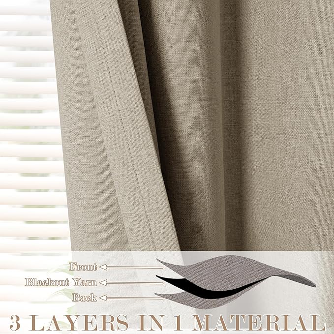 100" W x 84" L Faux Linen Room Divider Curtains, Full Blackout Pinch Pleated Drapes for Traverse Rod, Bedroom Divider Privacy Drapery with Hooks for Ceiling Track, 1 Panel, Light Khaki