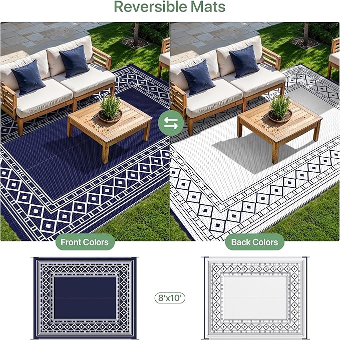 GENIMO Outdoor Rug Waterproof for Patio Decor, 8'x10' Foldable Reversible Plastic Straw Carpet for Travel Trailers, Outside Area Mat for Rv, Deck, Picnic, Porch, Camper, Balcony, Beach, Blue & White