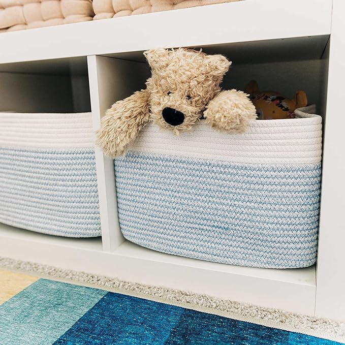OrganiHaus Woven Storage Baskets for Organizing, Cotton Rope Organizer Bins for Shelves, Closet & Nursery, Dog Toy Basket, Decorative Bins for Toys, Towels & Books - 15x10x9, Blue/Off-White
