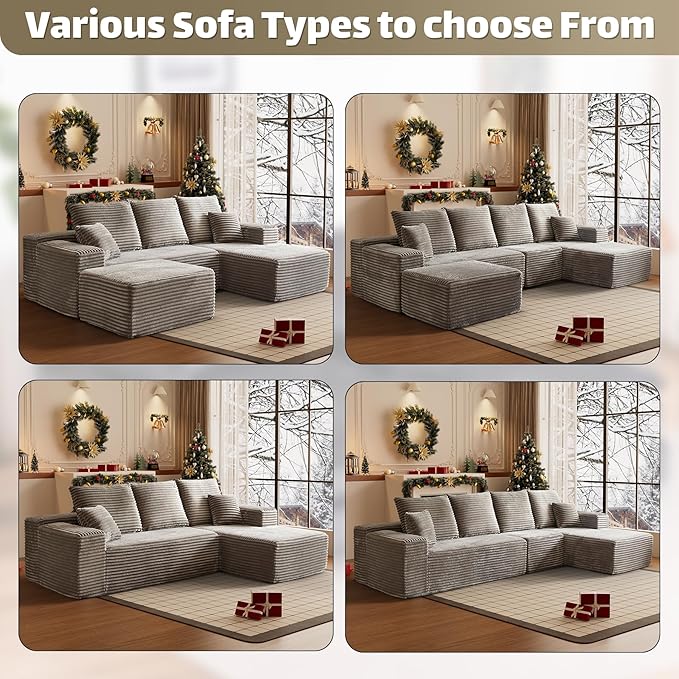 HYJT H&K Modular Sectional Sofa Cloud Couch, 107" Comfy L Shaped Sectional Couches for Living Room, Deep Seat Memory Foam Plush Fluffy Corduroy Boneless Couch Sectionals Right Facing Sofa Chaise Brown