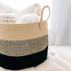 OrganiHaus Woven Laundry Basket, Large Cotton Rope Blanket Holder with Handles, Soft & Sturdy Nursery Hamper, Decorative Toy Bin for Living Room Organization 20x13 inches - Brown/Black