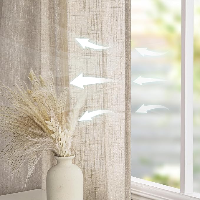 MYSKY HOME Boho Curtains Farmhouse Living Room Curtain Drapes, Light Filtering Semi Soft Cotton Blend Sheer Window Treatments for Sliding Glass Door Doorways, 100" x 90", Light Oatmeal, Set of 1