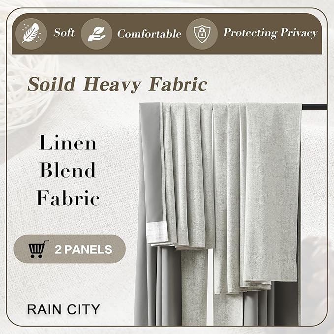 RAIN CITY 2 PCs Extra Wide Linen Blackout Curtains 108 Inches Long,Back Tab Pleaetd Drapes with Hooks Track System Curtain Panels for Large Windows Patio Sliding Door Living Room 70 x 108