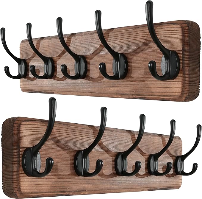 SKOLOO Rustic Wall Mounted Coat Rack, Case of 2, Pine Solid Wood Coat Hook Hanger - 5 Hooks for Hanging Clothes Robes Towels Coats