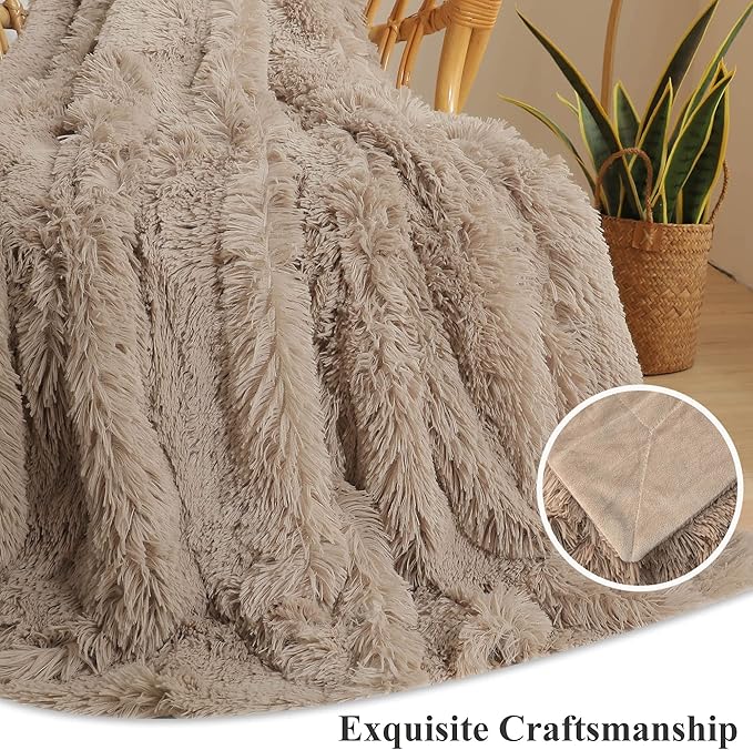 XeGe Luxury Faux Fur Throw, Soft 50x60 Fluffy Blanket, Shaggy Plush Decorative Couch Blanket, Winter Fall Cute Fuzzy Furry Lap Throw for Office Bedroom Living Room Khaki