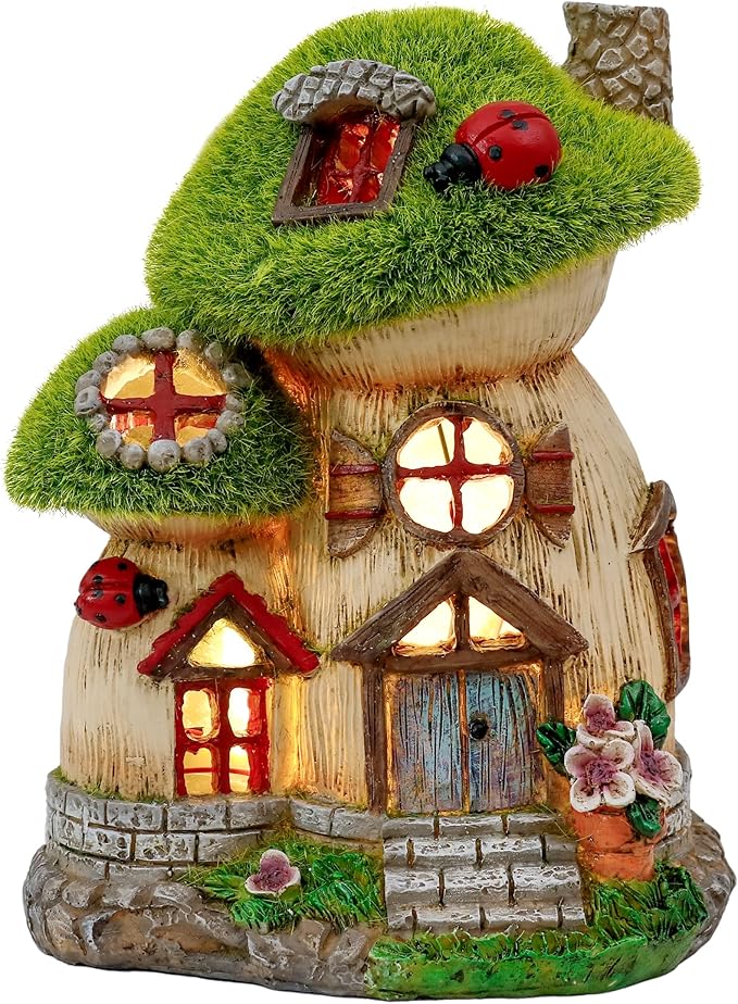 TERESA'S COLLECTIONS Mushroom Garden Statues with Outdoor Solar Light for Garden Decor, Green Flocked Decorations Resin Fairy House Accessories, Outdoor Decor Yard Gifts for Mom Women