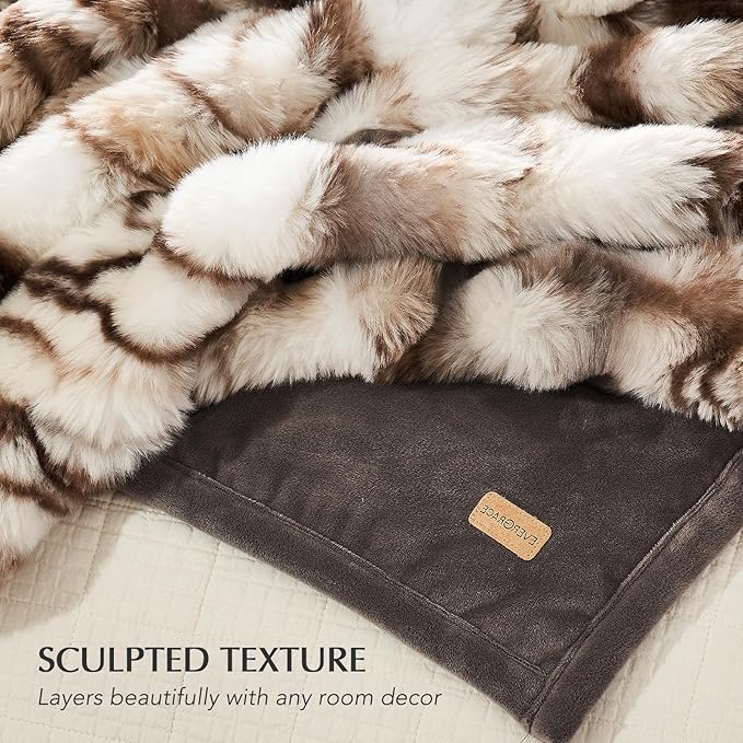 EVERGRACE Ultra Soft Luxury Fluffy Ridgeline Faux Rabbit Fur Throw Blanket, Thick Warm Bubble Throw for Bed, Cozy Plush Reversible Blankets for Couch, Chair, Sofa, Beige & Gray, 50x60 Inches, 870 GSM