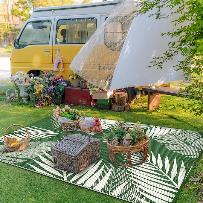 GENIMO Outdoor Rug 8' x 10' Waterproof for Patios Clearance, Reversible Outdoor Plastic Straw Camping Rug Carpet, Large Area Rugs Mats for RV, Picnic, Backyard, Deck, Balcony, Porch, Dark Green&White
