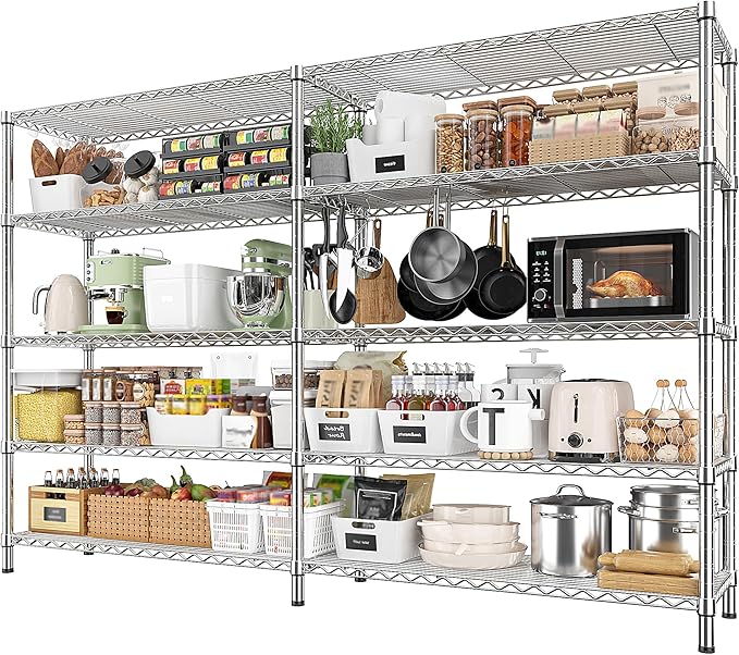 REIBII 69.8" W Storage Shelves 1510LBS Wire Shelving Unit 5 Tier Metal Shelving for Storage Rack Shelves Adjustable Heavy Duty Garage Shelf Pantry Shelves Kitchen Shelving,69.8"Wx15.8"Dx72.4"H,Chrome