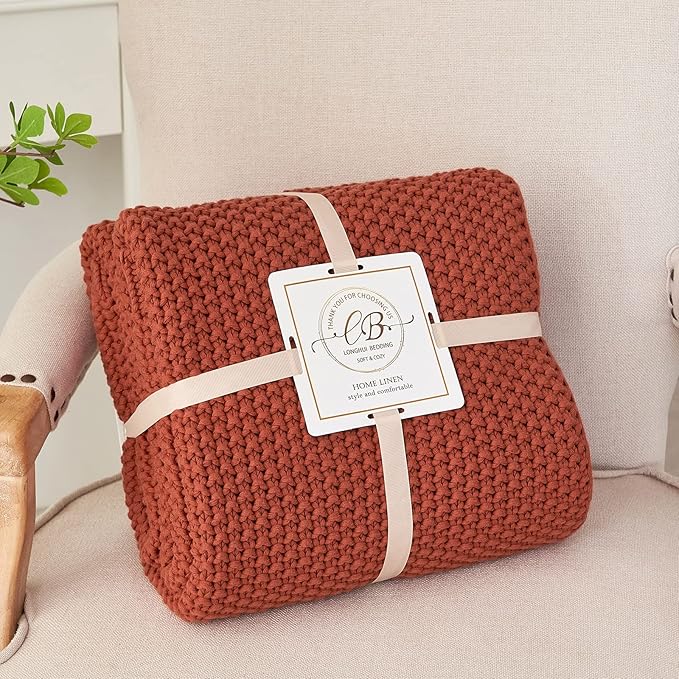 Longhui bedding Chunky Cable Knit Throw Blanket Lightweight Rust 100% Organic Cotton Blanket for Sofa Couch Bed Baby Nursery, Rustic Shabby Chic Modern Farmhouse, 60” x 80” Give Laundering Bag
