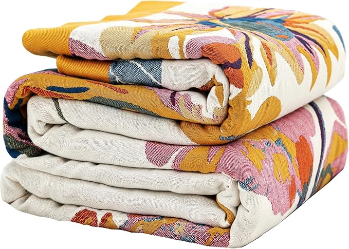 Boho Large Throw Blanket, 100% Organic Cotton Breathable Soft Bed King Throw - Fall Floral Bird Butterfly Farmhouse Decor Blanket for Sofa Couch Chair and Gift. 91" x 98"