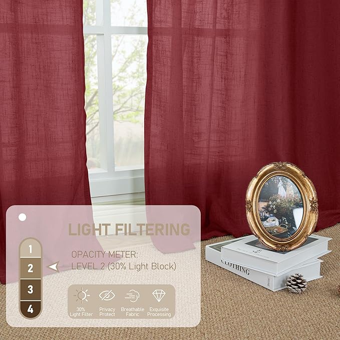 LAMIT Burgundy Red Sheer Linen Curtains 84 inch Length, Light Filtering Semi Sheer Panels Linen Textured Bronze Grommet Christmas Drapes for Living Room/Bedroom, 2 Panels, 52 x 84 Inch
