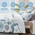 Coastal Bedding California King Size Coastal Quilt with 2 Shams, Nautical Beach Comforter Sets Ocean Bedspreads Blue Seahorse Coverlet Summer Bedding, 106''x118''