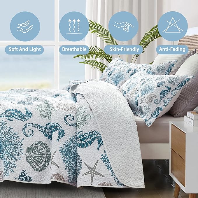 Coastal Bedding Queen Size Coastal Quilt with 2 Shams, Nautical Beach Comforter Sets Ocean Bedspreads Blue Seahorse Coverlet Summer Bedding, 90''x96''