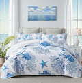 Coastal Bedding King Size Coastal Quilt with 2 Shams, Nautical Beach Comforter Sets Ocean Bedspreads Blue Starfish Coverlet Summer Bedding, 96''x106''