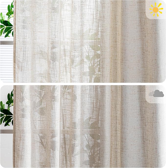 MYSKY HOME Linen Curtains for Living Room, Natural Semi Sheer Curtains & Drapes 84 inches Length 1 Panel Set Farmhouse Country Boho Style Back Tab Draperies for Sliding Glass Door, 100" Wide, Linen