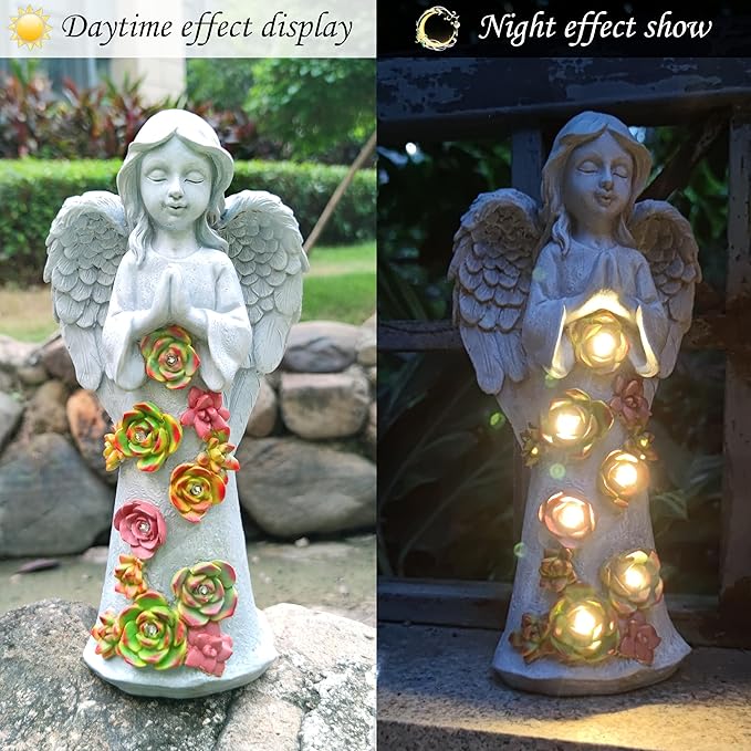 Angel Solar Garden Outdoor Statues with Succulent Plants and 6 LED Lights– Outside Solar Garden Decor Figurines -Remembrance & Sympathy Gifts Decorations