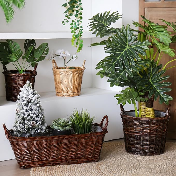 Handwoven Red Willow Planter Basket with Waterproof Liner – Natural Brown Decorative Flower Pot Holder for Indoor Use - Small Size (Inner Top Ø 7", Inner Height 5.9")