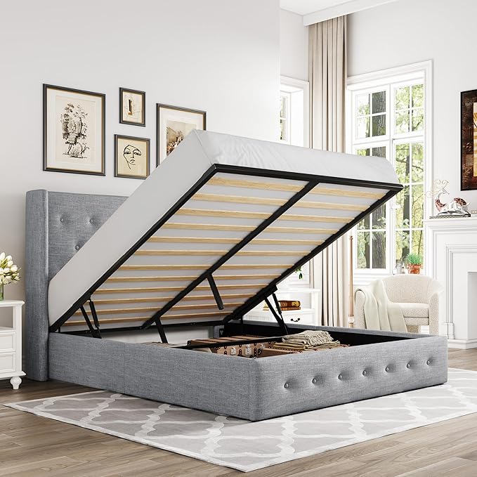 Allewie Full Size Lift Up Storage Bed, Button Tufted Headboard with Wingback, Hydraulic Support, No Box Spring Needed, Light Grey
