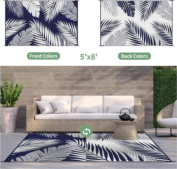 GENIMO Outdoor Rug 5' x 8' Waterproof for Patios Clearance, Reversible Outdoor Plastic Straw Camping Rug Carpet, Large Area Rugs Mats for RV, Picnic, Backyard, Deck, Balcony, Porch, Beach, Blue&White