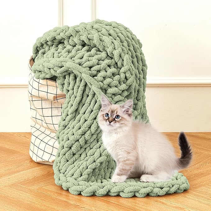 Admitrack Chunky Knit Blanket Throw, 100% Hand Knit Chenille Throw Blanket for Sofa & Home Decor, Soft and Cozy Knitted Throw Blankets (Sage Green, 60""x80""), XNR010