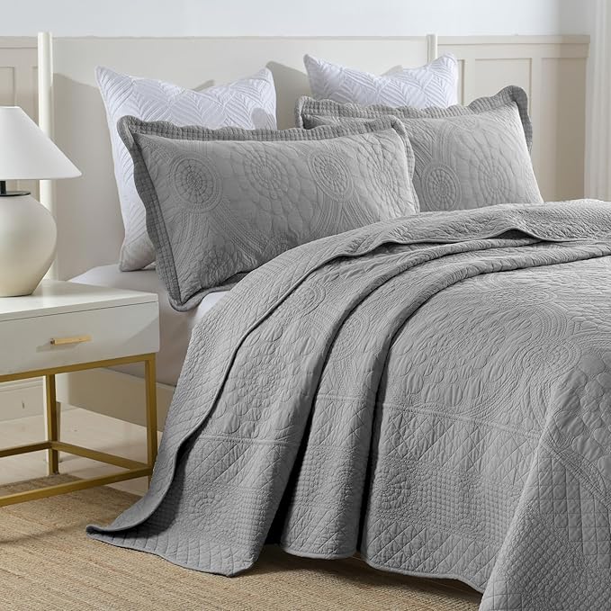 MarCielo 3-Piece 100% Cotton Oversized Bedspread Lightweight Quilt Coverlet Embroidery Farmhouse Bedding Set (Tf Light Grey, Oversized Queen (100"x106"))