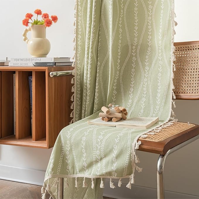 Sutuo Home Green Boho Curtains 84 Inches Long for Bedroom Living Room Dining Room, Bohemian Stripe Floral Vintage Tassels Window Treatment Drape for Easter Decor Rod Pocket, 1 Panel 59" W x 84" L