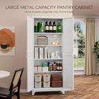 75" Kitchen Pantry Cabinet, White Metal Storage Cabinets with 2 Doors and 4 Adjustable Shelves, Tall Pantry Storage Cabinet for Kitchen, Dining Room, Living Room
