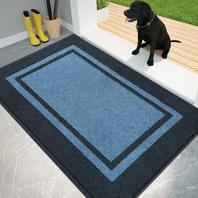 PURRUGS Dirt Trapping Door Mat 32" x 48", Non-Slip/Skid Machine Washable Entryway Rug, Shoes Scraper, Area Rug, Super Absorbent Welcome Mat for Muddy Wet Shoes and Paws, Light Blue & Navy