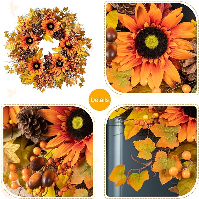 Glitzhome 24'' Fall Wreath for Front Door Decor, Artificial Autumn Orange Wreath with Sunflower, Maple Leaf and Berry Ornament for Wall Fireplace Farmhouse Thanksgiving Day Harvest Festival Decor