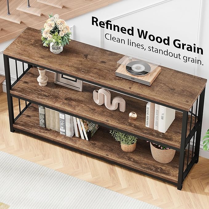 LVB Industrial Console Entryway Table, Metal Wood Rustic Sofa Table with Storage, Farmhouse 3 Tier Shelf Long Hallway Foyer Entry Tables Behind Couch for Home Living Room Entryway, Rustic Brown, 55 In