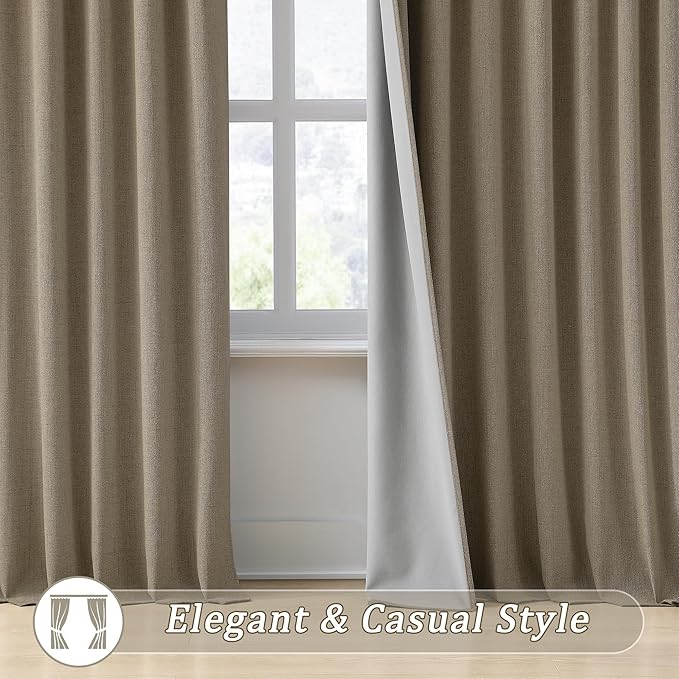 Linen Brown Blackout Doorway Curtains 2 Panels Set,Back Tab Pleated Curtains Hidden Tab with Hooks,Energy Efficinet Linen Polyester Blend Drapes for Bedroom Modern Classic W50xL80 Linen Brown