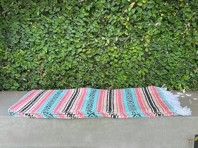 Del Mex Classic Mexican Blanket, Large Authentic Woven Falsa Throw (70"x50"), Artisan Southwest Décor for Beach, Yoga, Outdoors (Mint/Tan/Pink)
