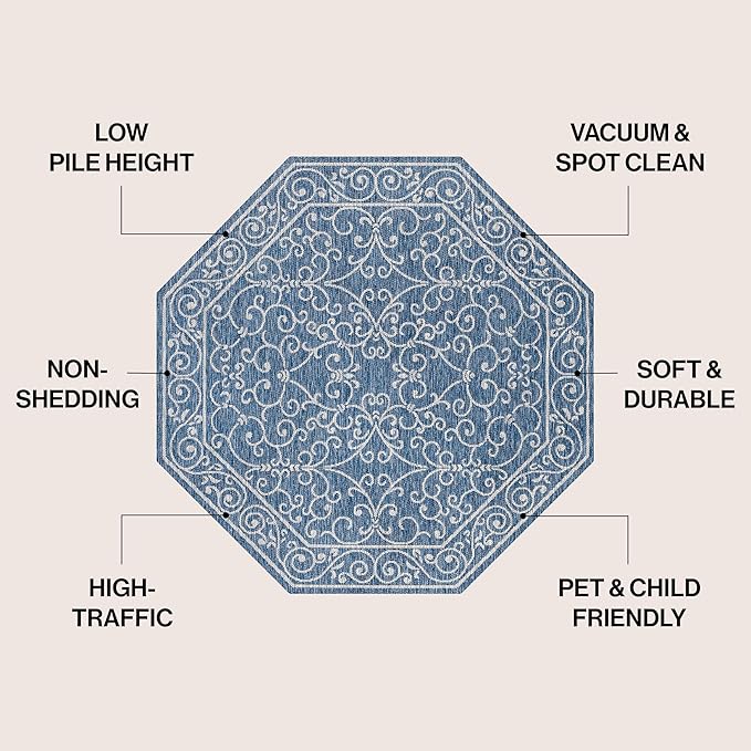 JONATHAN Y Vintage Filigree Indoor Outdoor Octagon Area Rug 5 Ft Navy/Gray, Charleston Textured Weave for Backyard, Patio, Porch, Easy-Cleaning, High Traffic, Pet-Friendly, Non-Shedding SMB106D-5TGN