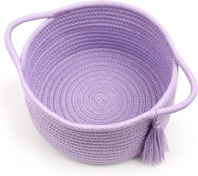 Small Purple Basket, Cute Woven Gift baskets with Cellophane Wrap set for Girl, Decorative Cotton Rope Container Bin, Little Makeup Brushes Holder for Bathroom Counter, Vanity, Cosmetics – lavender