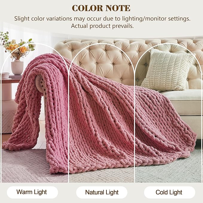 Carriediosa Chunky Knit Throw Blanket 50" X 60", 100% Hand Made Large Chenille Loop Yarn Soft Fluffy Throws for Couch Sofa Bed, Big Crochet Cozy Heavy Thick Cable Woven Blanket, Mauve