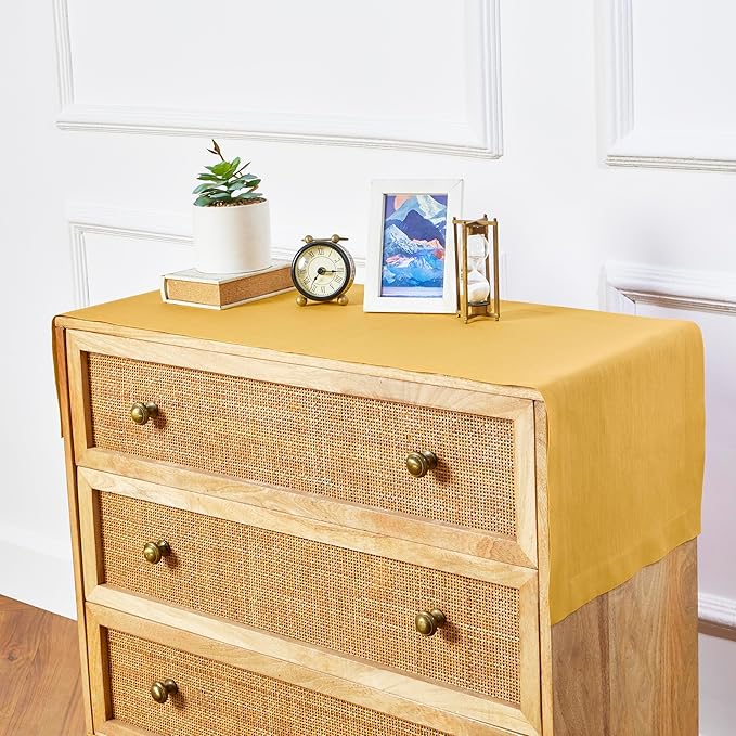 Solino Home Linen Mustard Yellow Table Runner 36 Inches - 100% Pure Linen Farmhouse Short Table Runner 14 x 36 Inch Ideal for Dresser and Coffee Tables - Fete