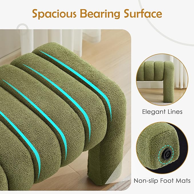 63" Bedroom Bench, Upholstered Entryway Bench, Modern End of Bed Ottoman with Solid Wood Legs and Adjustable Foot Pegs for Entryway, Dining Room and Living Room, 440lbs (Green Boucle)