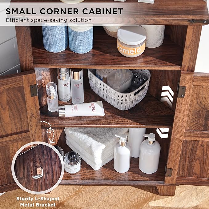 Corner Bathroom Cabinet, Farmhouse Small Cabinet with Barn Door & Adjustable Shelf, Storage Cabinets for Bathroom, Kitchen & Living Room, Brown
