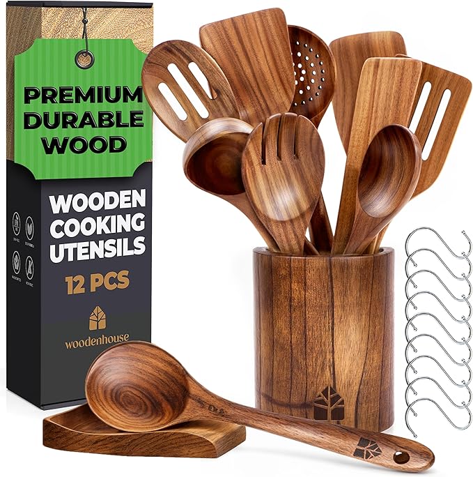 Wooden Spoons for Cooking – Wooden Cooking Utensils Set with Holder, Spoon Rest & Hooks, Teak Wood Nonstick Kitchen Cookware – Durable Set of 12pcs by Woodenhouse